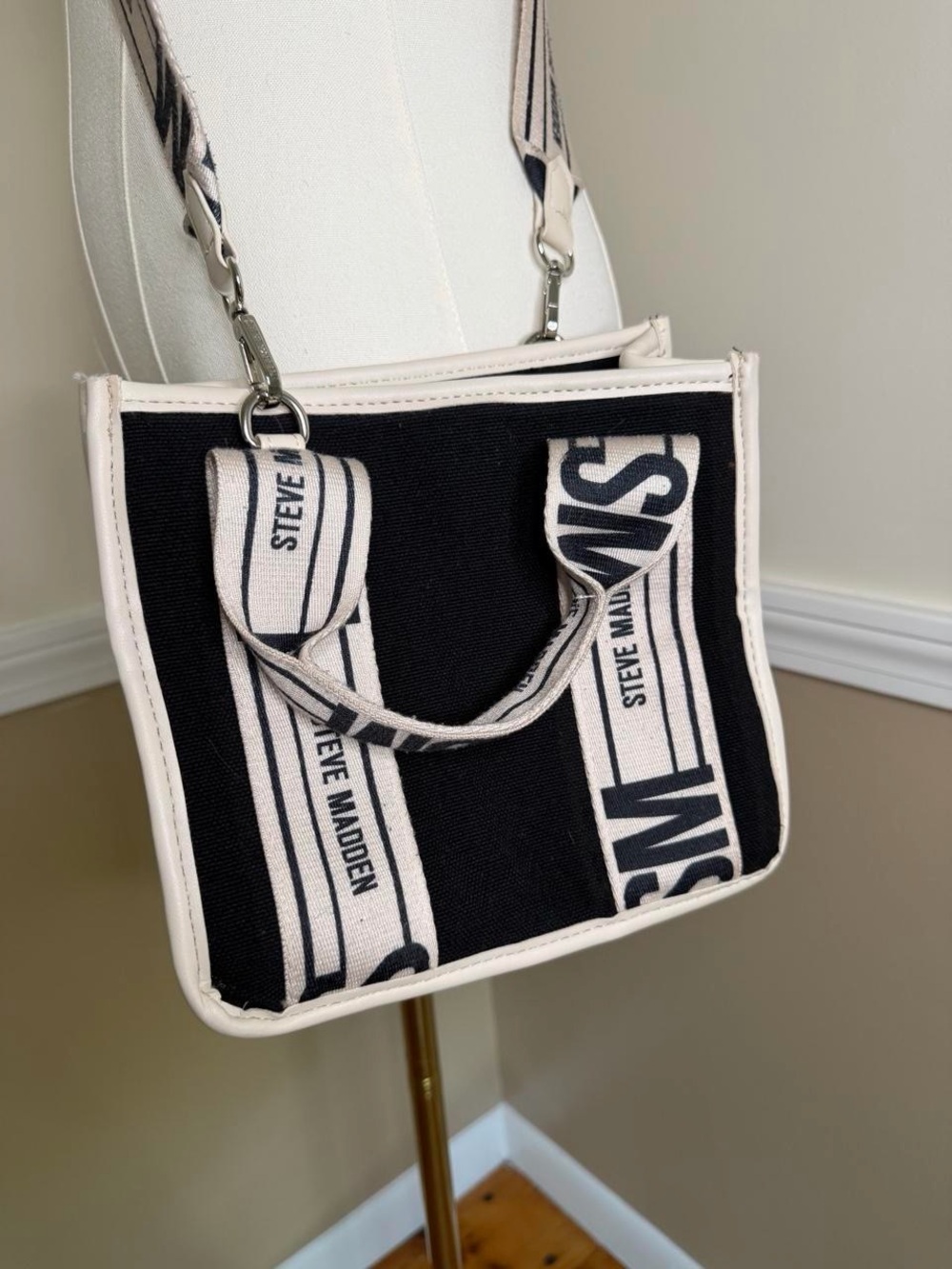 Steve Madden Black & Cream Logo Canvas Crossbody Bag